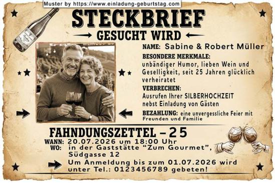 Die lustige Einladungskarte zur Silberhochzeit mit dem Foto auf einem Steckbrief