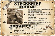 Die lustige Einladungskarte zur Silberhochzeit mit dem Foto auf einem Steckbrief