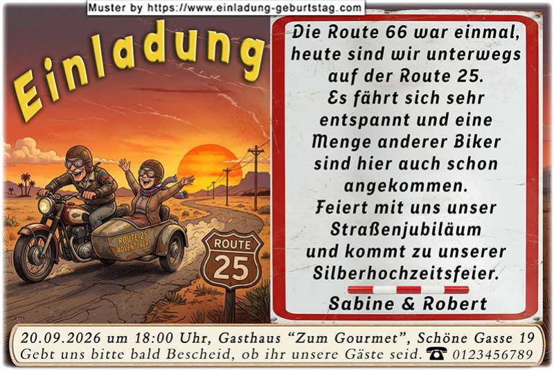 Die lustige Einladungskarte zur Silberhochzeit mit dem Paar auf einem Motorrad unterwegs auf der Route 25