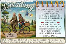 Die lustige Einladungskarte zur Silberhochzeit mit dem Paar auf einem Tandem