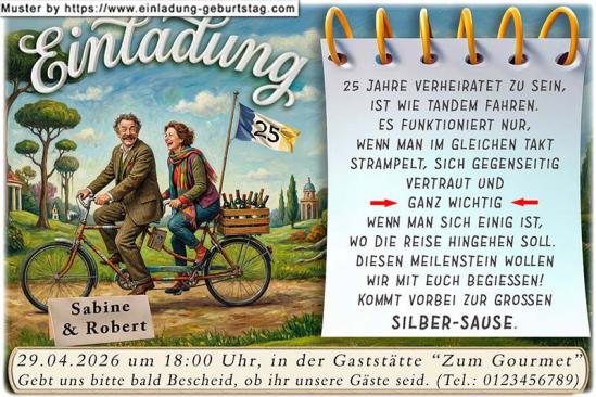 Die lustige Einladungskarte zur Silberhochzeit mit dem Paar auf einem Tandem