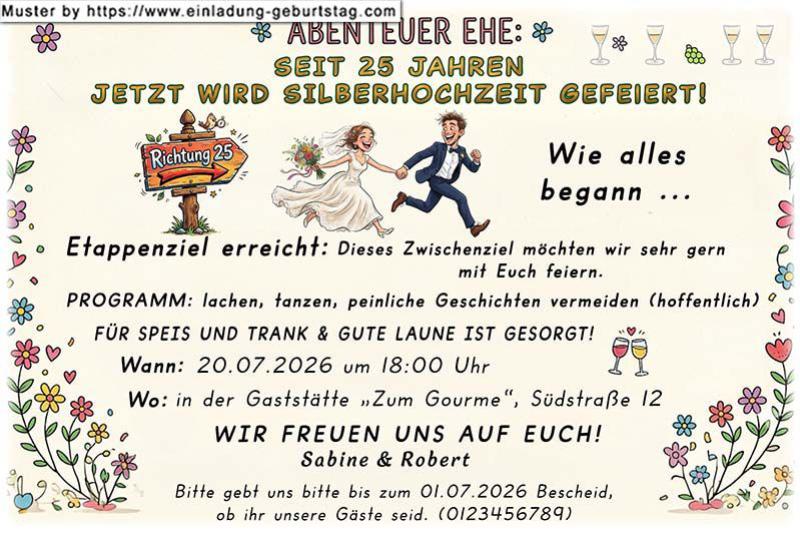 Die lustige Einladungskarte zur Silberhochzeit mit dem Paar schnell auf dem Weg zum Standesamt - vor 25 Jahren