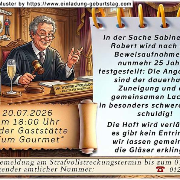 Die lustige Einladungskarte zur Silberhochzeit  mit dem Urteilsspruch