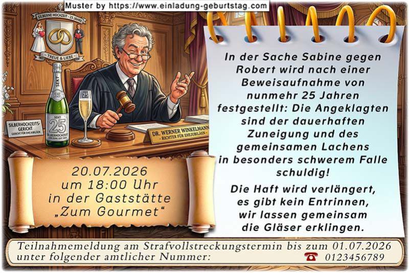 Die lustige Einladungskarte zur Silberhochzeit  mit dem Urteilsspruch