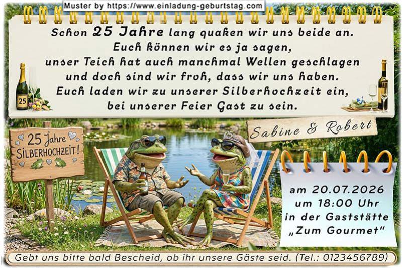 Die lustige Einladungskarte zur Silberhochzeit mit 2 harmonischen Fröschen am Froschtech - 25 Jahre verheiratet