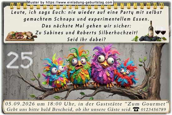 Die lustige Einladungskarte zur Silberhochzeit mit den verrückten bunten Vögeln