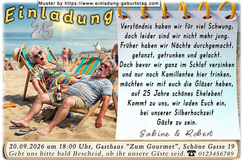 Die lustige Einladungskarte zur Silberhochzeit mit dem geschafften Paar in 2 Liegestühlen