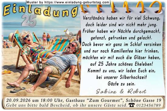 Die lustige Einladungskarte zur Silberhochzeit mit dem geschafften Paar in 2 Liegestühlen