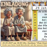 Die lustige Einladung zur Silberhochzeit mit dem Bandmaß - ein Pfeil zeigt auf die 25
