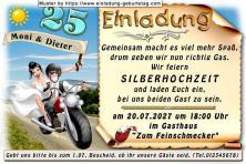 die lustige Einladung zur Silberhochzeit mit dem Paar auf dem Motorrad - gemeinsam macht es viel mehr Spaß