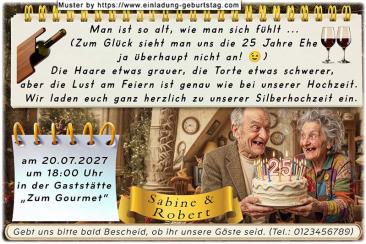 Die lustige Einladung zur Silberhochzeit mit dem Paar, das eine 25-er Torte in den Händen hält