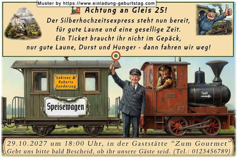 Die lustige Einladung zur Silberhochzeit mit dem Sonderzug für Ihre Gäste - Achtung an Gleis 25