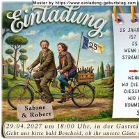 Die lustige Einladung zur Silberhochzeit mit dem Ehepaar, das gemeinsam auf dem Tandem fährt