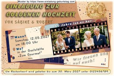 Die Einladung zur Goldenen Hochzeit mit 2 Fotos in einem Filmstreifen.