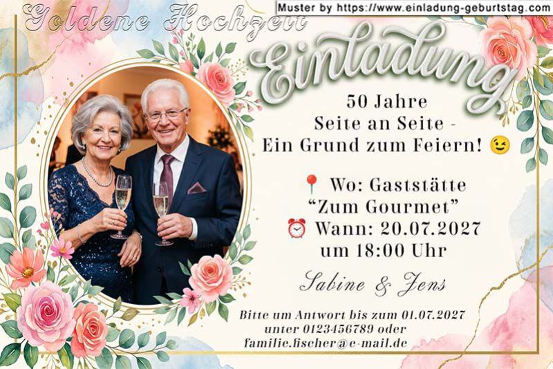 Die Einladung zur Goldenen Hochzeit mit Ihrem Foto oval ausgeschnitten in einem floralen Rahmen.