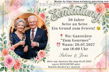 Die Einladung zur Goldenen Hochzeit mit Ihrem Foto oval ausgeschnitten in einem floralen Rahmen.