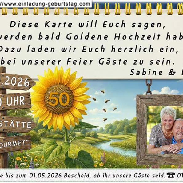 Die Einladung zur Goldenen Hochzeit mit Ihrem Foto und dem Feier Alarm