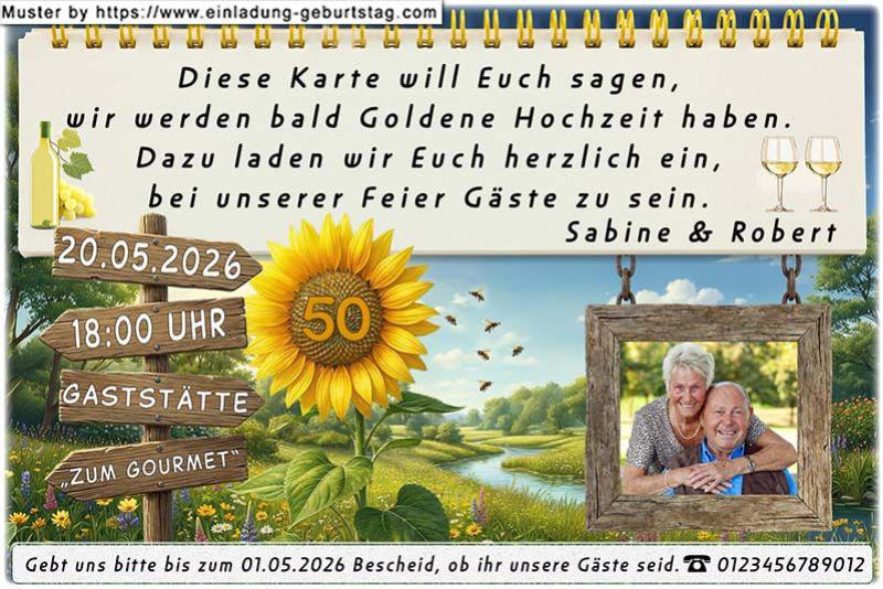 Einladung Goldene Hochzeit Foto in einem rustikalen Holzrahmen neben einer Sonnenblume
