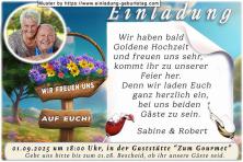 Einladung Goldene Hochzeit Foto rund ausgeschnitten über einem Blumenkorb