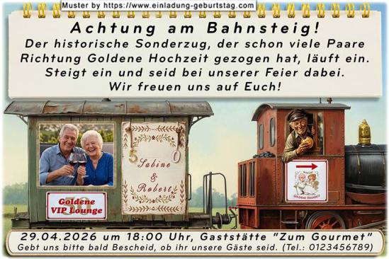 Einladung Goldene Hochzeit Foto in einem Waggon eines lustigen Sonderzuges