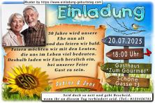 Einladung Goldene Hochzeit Foto über einer Sonnenblume mit der Zahl 50