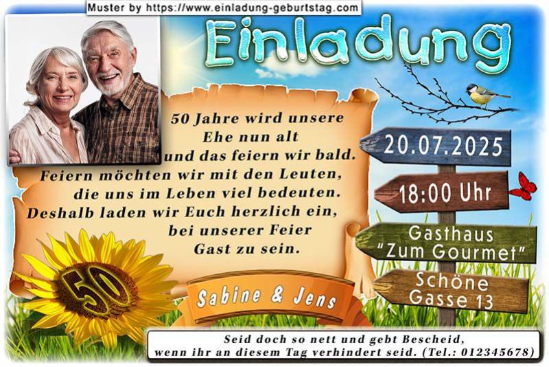 Einladung Goldene Hochzeit Foto über einer Sonnenblume mit der Zahl 50