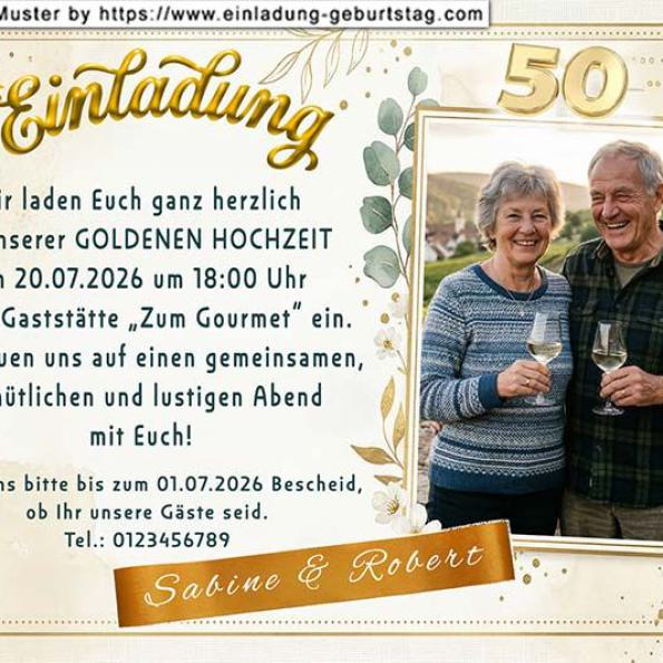 Die Einladung zur Goldenen Hochzeit mit Ihrem Foto auf einer Goldpapierrolle