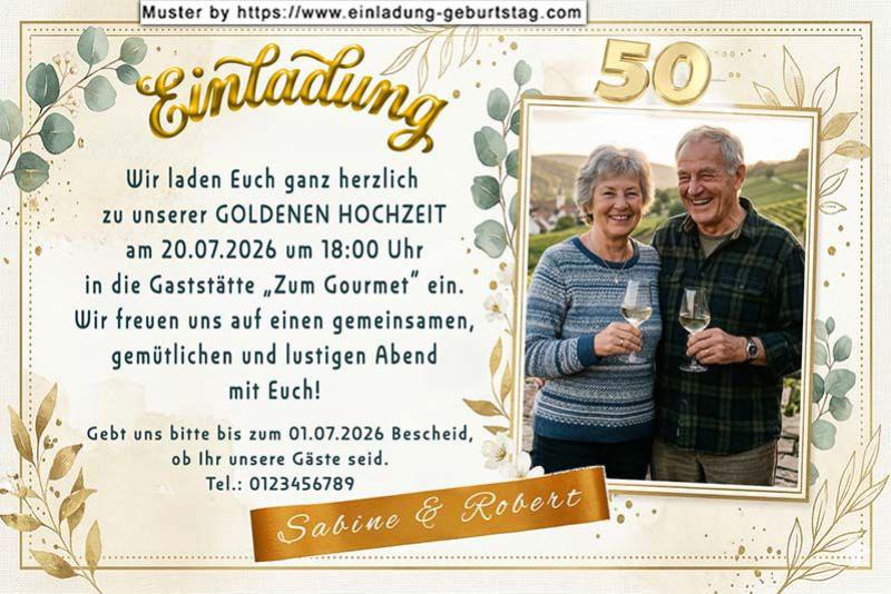 Die Einladung zur Goldenen Hochzeit mit Ihrem Foto auf einer Goldpapierrolle