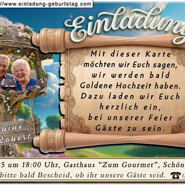 Die Einladung zur Goldenen Hochzeit mit Ihrem Foto vor einem Strand