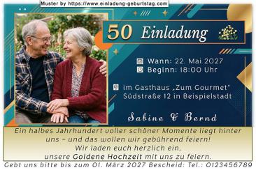 Die Einladung zur Goldenen Hochzeit mit Ihrem Foto und einer Goldkontur
