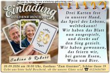 Einladung Goldene Hochzeit 2 Fotos auf Spielkarten in einer Hand