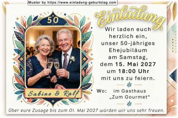 Die Einladung zur Goldenen Hochzeit mit Ihrem Foto in einem modernen 50-er Rahmen
