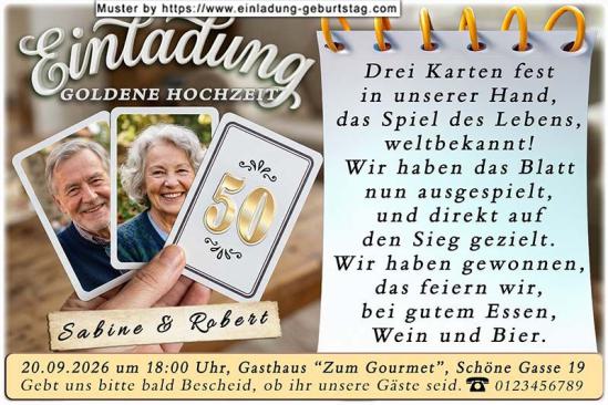 Einladung Goldene Hochzeit 2 Fotos auf Spielkarten in einer Hand 