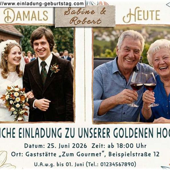 Die Einladung zur Goldenen Hochzeit mit Ihrem Foto und der Zahl 50 in einer Sonnenblume