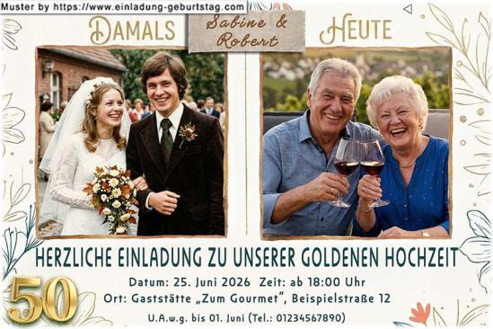 Einladung Goldene Hochzeit 2 Fotos nebeneinander - Damals und Heute