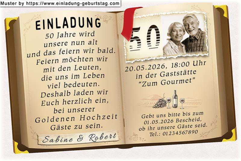 Einladung Goldene Hochzeit Foto oben in einer Buchseite
