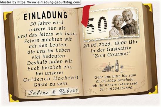 Einladung Goldene Hochzeit Foto oben in einer Buchseite