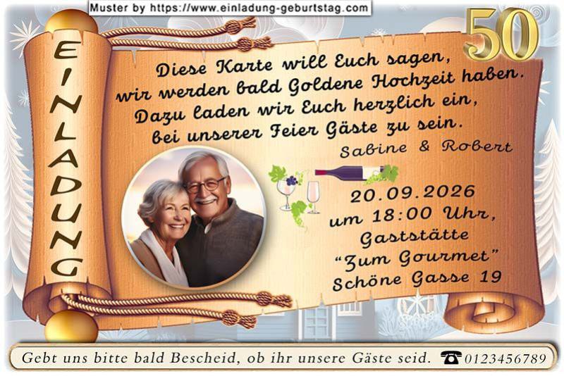 Einladung Goldene Hochzeit Foto rund ausgeschnitten auf einer Goldpapierrolle