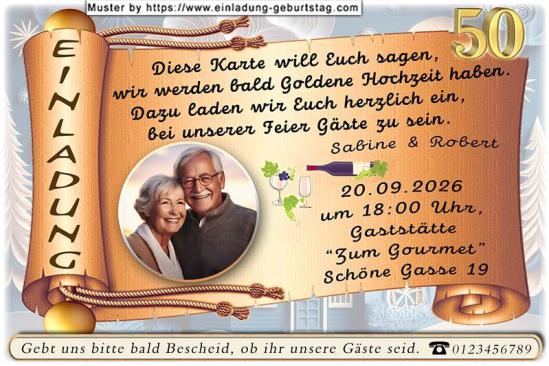 Einladung Goldene Hochzeit Foto rund ausgeschnitten auf einer Goldpapierrolle