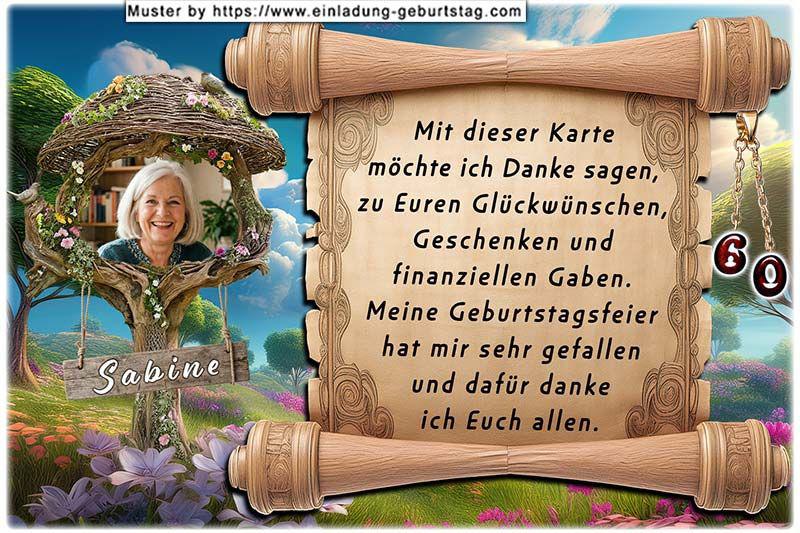 Danksagungskarte Geburtstag mit Ihrem eigenen Danksagungstext - Ihr Foto neben einer Schriftrolle
