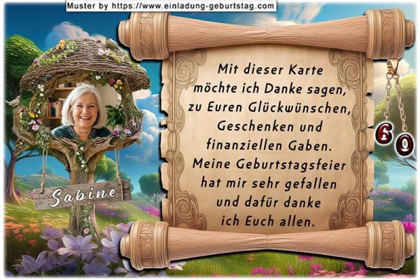 Danksagungskarte Geburtstag mit Ihrem eigenen Danksagungstext - Ihr Foto neben einer Schriftrolle
