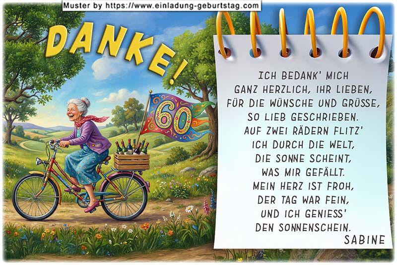 Danksagungskarte Geburtstag mit Ihrem eigenen Danksagungstext - die Frau auf dem Fahrrad
