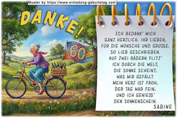 Danksagungskarte Geburtstag mit Ihrem eigenen Danksagungstext - die Frau auf dem Fahrrad