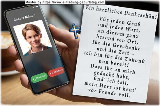 Die Danksagungskarte zur Konfirmation mit dem Handy, gehalten von einer Hand - auf dem Display befindet sich dein Foto und darüber dein Name. 