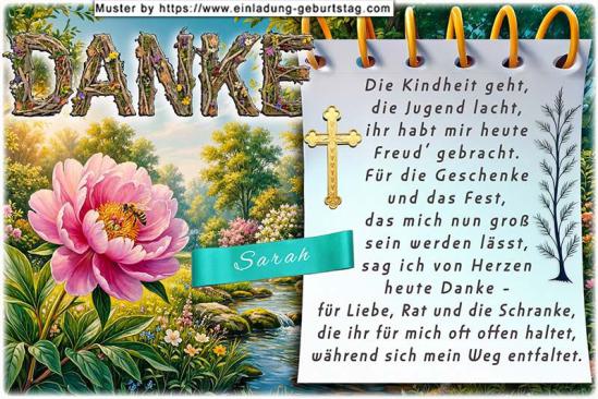 Die Danksagungskarte zur Konfirmation - ein romantischer Bachlauf, neben dem sich eine Blume mit geöffneter Blüte befindet.