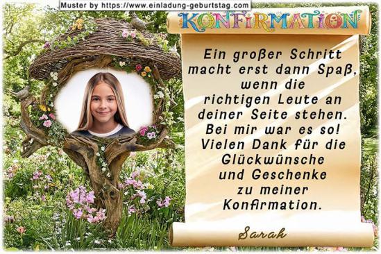 Die Danksagungskarte zur Konfirmation mit dem Baum, in den dein Foto umgeben von Blumen eingesetzt wird. 