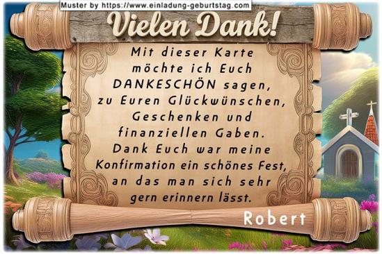 Die Danksagungskarte zur Konfirmation mit einer Schriftrolle vor einer Landschaft mit Bäumen. Vielen Dank auf Holz geprägt.