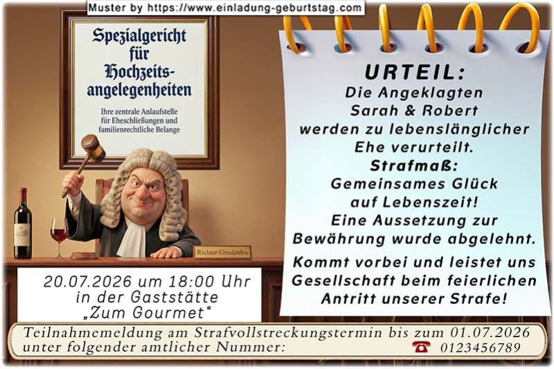 lustige Hochzeitseinladung mit witzigem änderbaren Text als Urteilsspruch eines Richters