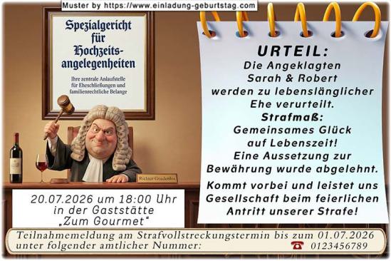 lustige Hochzeitseinladung mit witzigem änderbaren Text als Urteilsspruch eines Richters