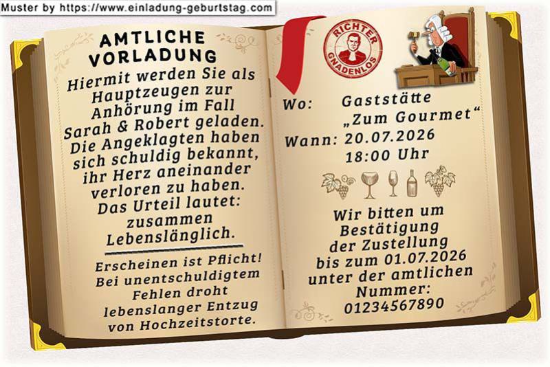 lustige Hochzeitseinladung mit witzigem änderbaren Text als amtliche Vorladung